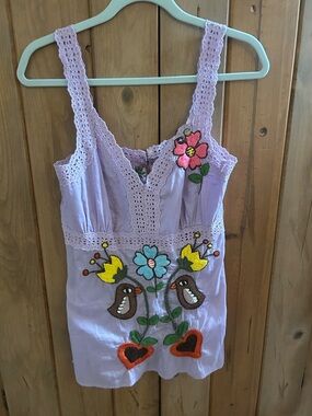 Johnny Was Lavender Embroidered Tank Top with Floral & Bird Motif